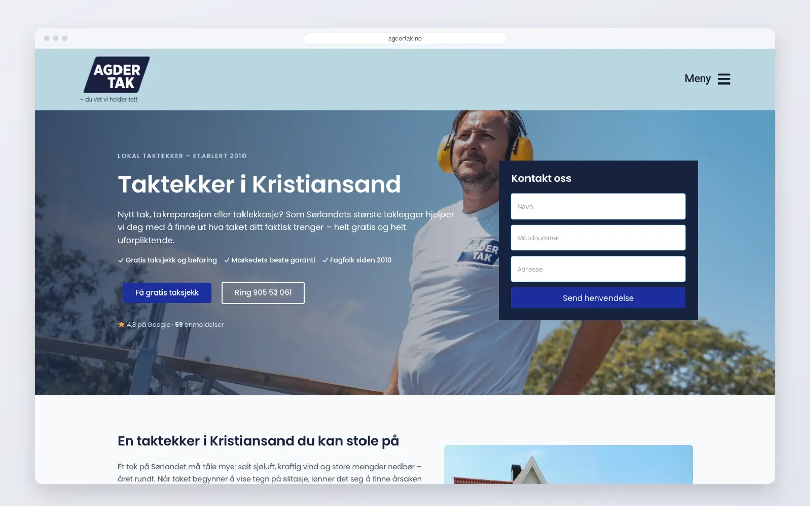 Agder Tak landing page for roofers in Kristiansand