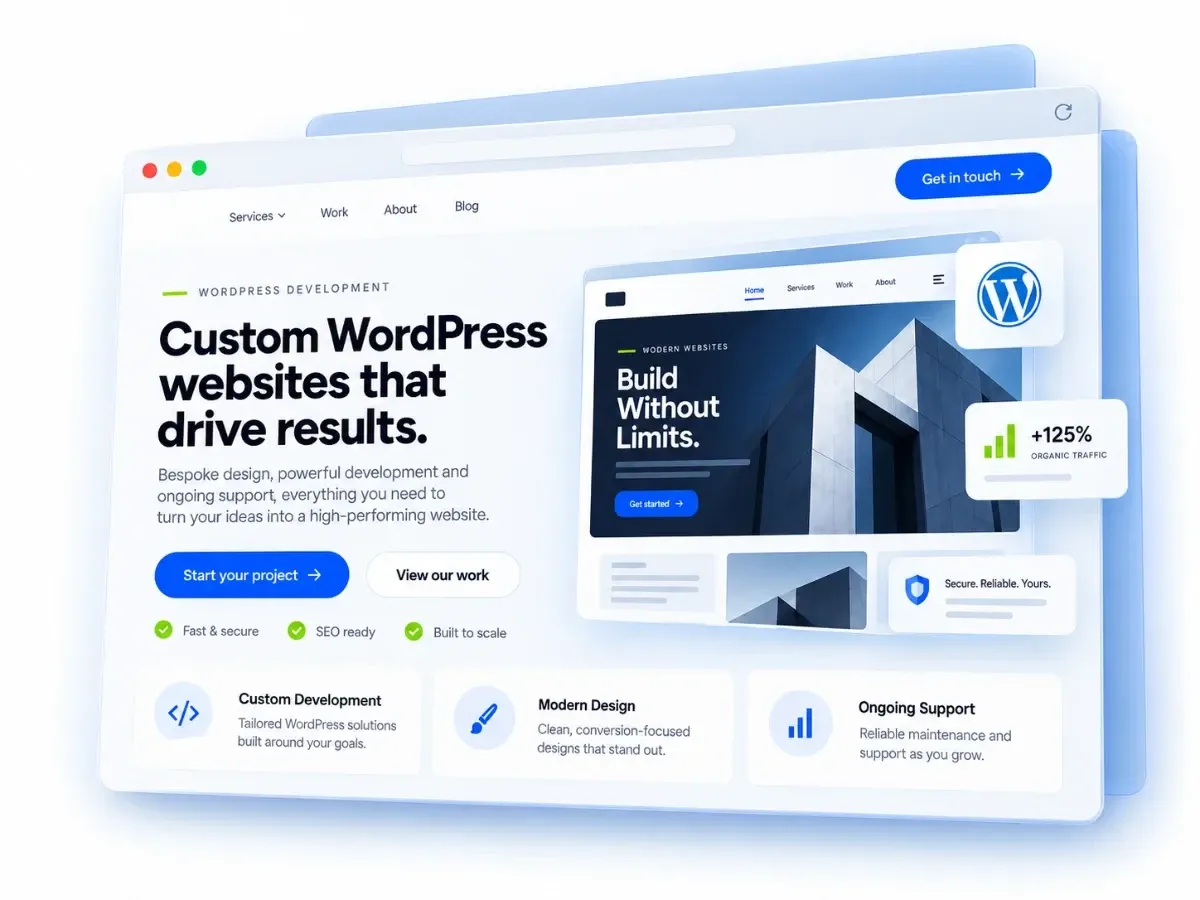 Custom WordPress website design in a browser, with a WordPress badge and an organic traffic card