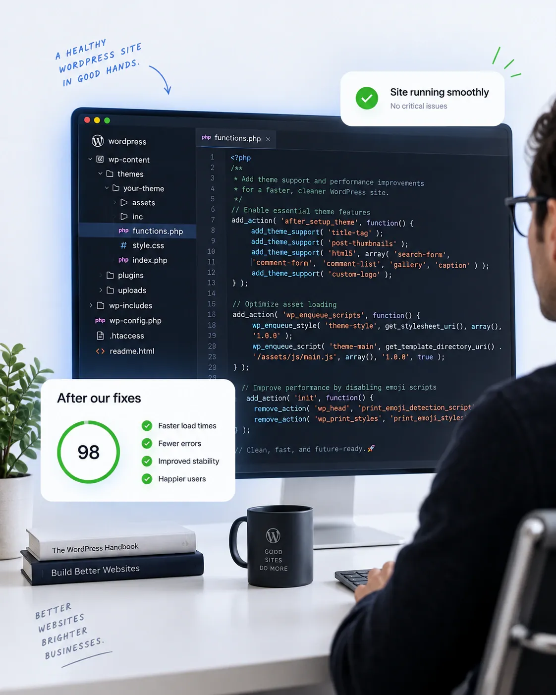 Developer fixing a WordPress site, with a code editor, site health badge and results card