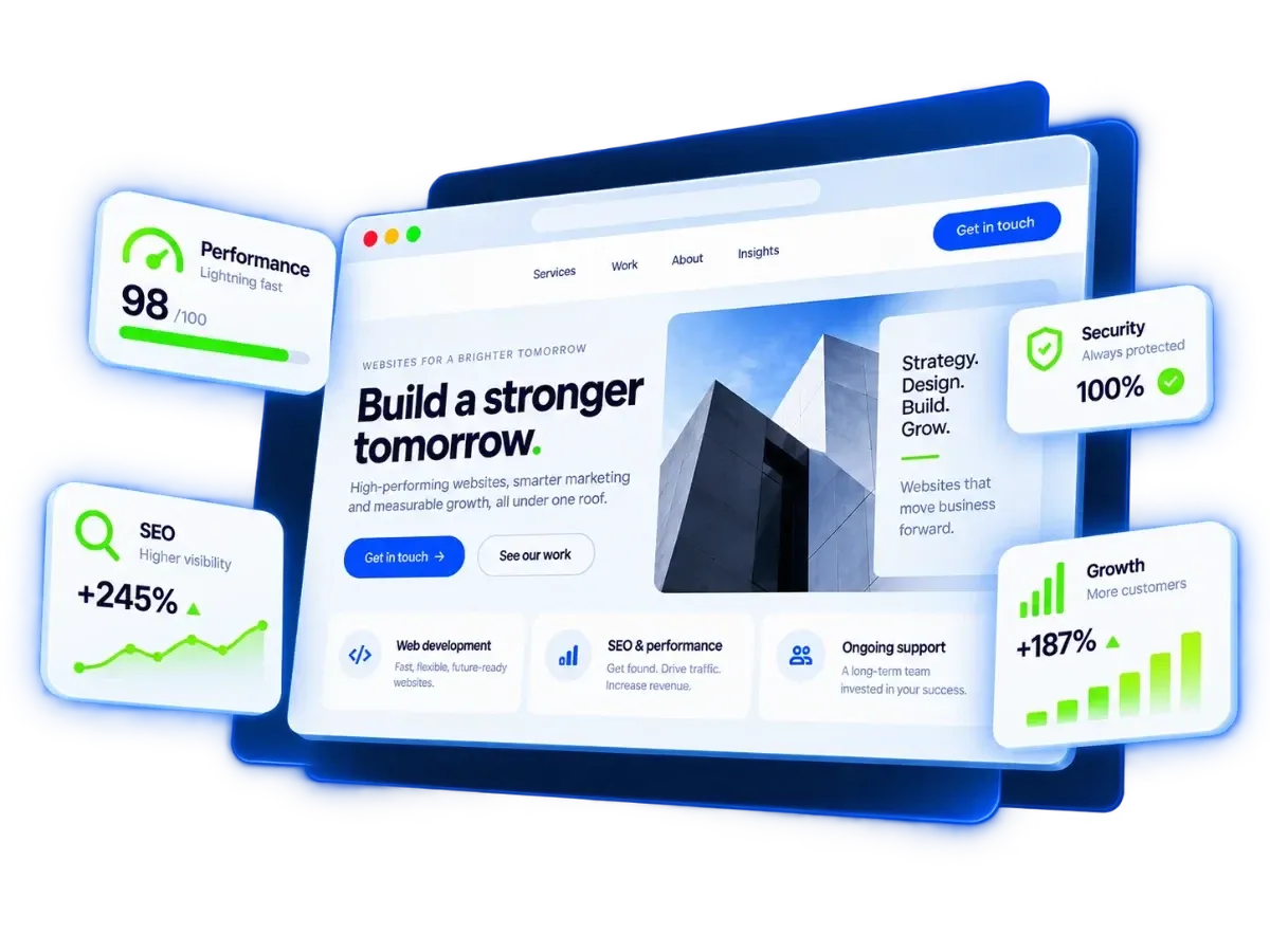 Illustrated website in a browser window with performance, SEO, security and growth cards
