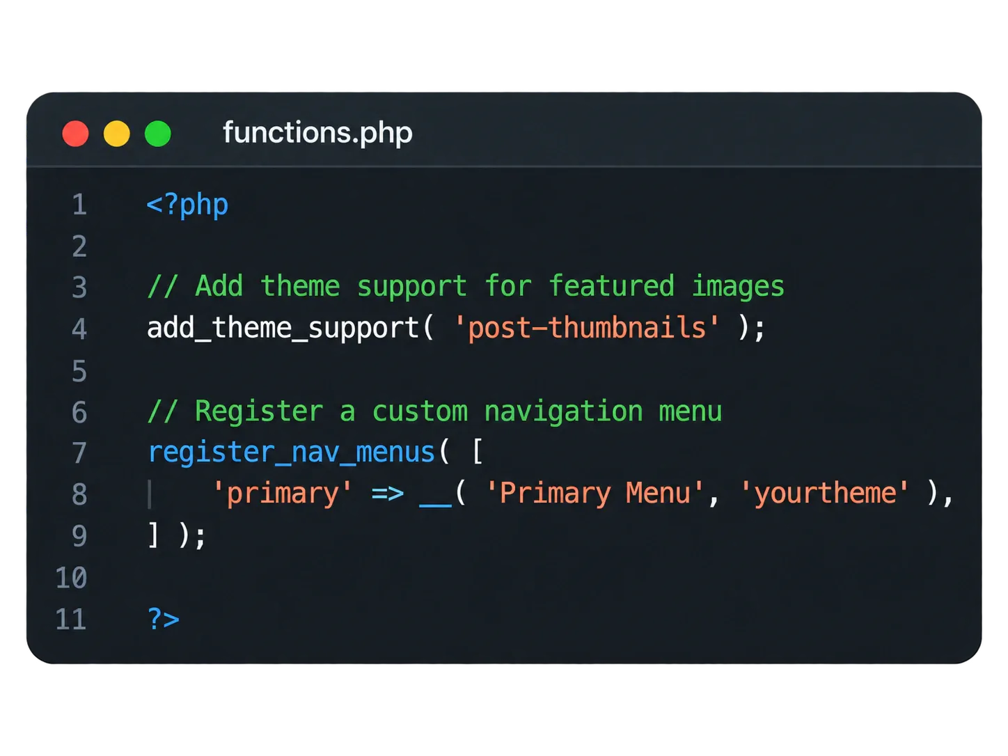 Code editor showing a functions.php file