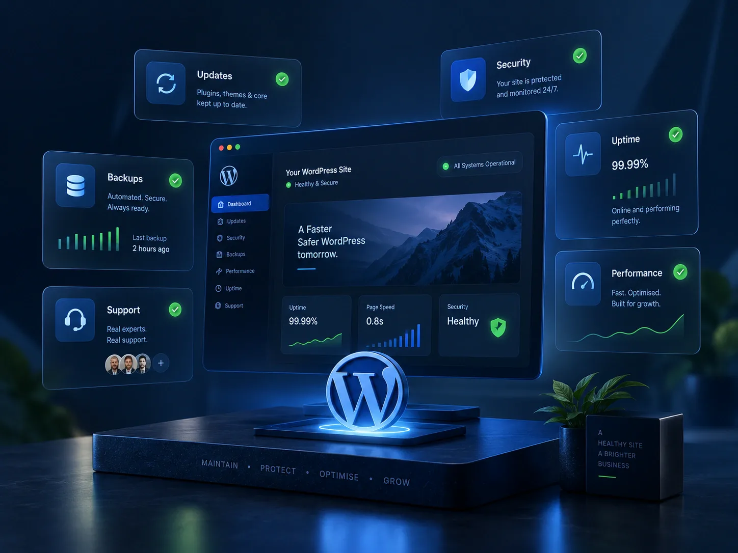 WordPress maintenance dashboard showing updates, backups, security, 99.99% uptime and a 0.8s page speed