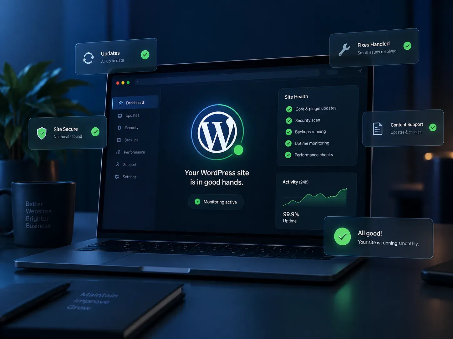 Laptop showing a WordPress site health checklist covering updates, security scans, backups, uptime and performance