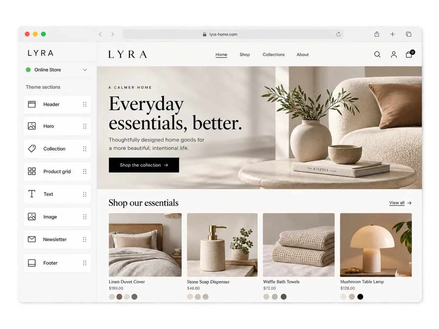 Shopify theme editor with section list beside a storefront preview