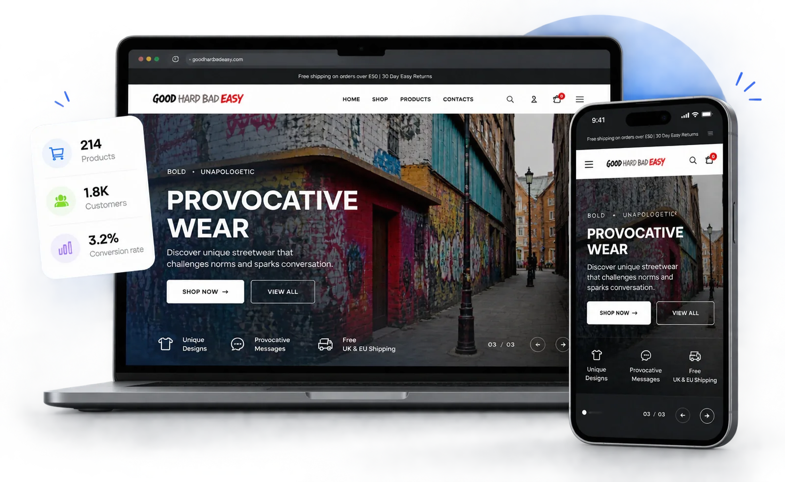 Shopify storefront shown on a laptop and a phone, with store stats