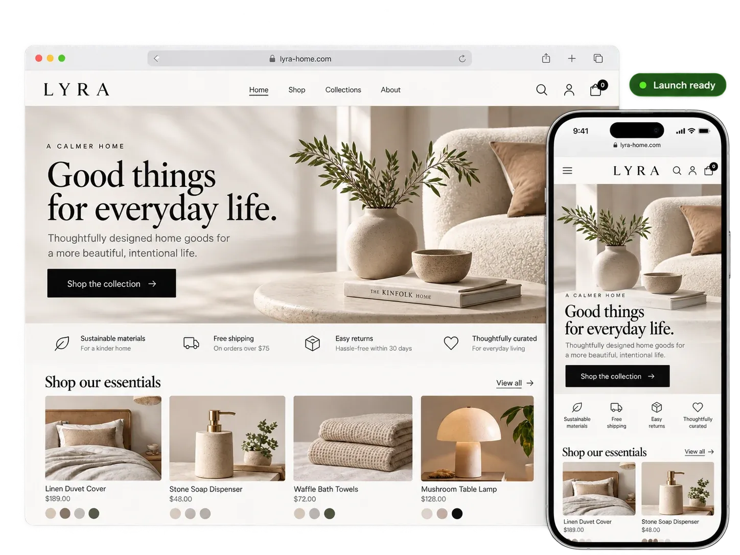 Finished Shopify storefront on desktop and mobile, marked launch ready