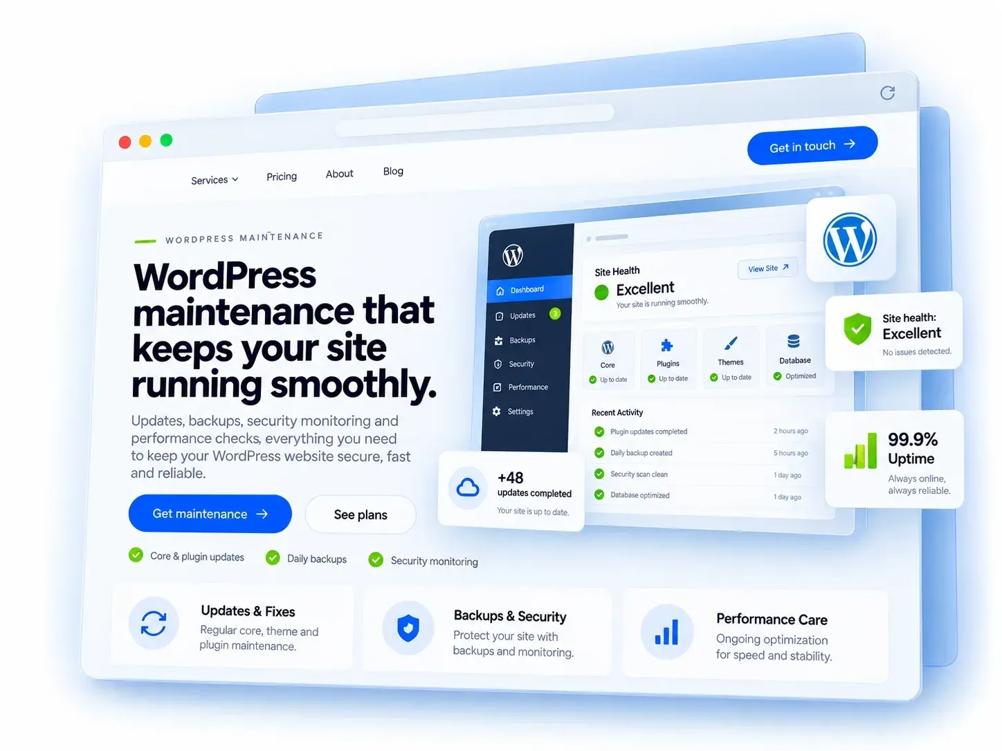 WordPress maintenance dashboard with site health, update activity and 99.9% uptime