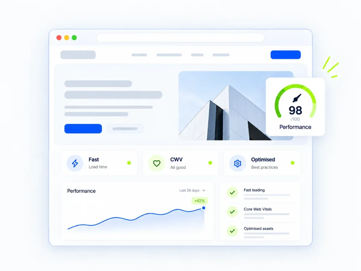 Website performance dashboard with a 98/100 score, Core Web Vitals passing and a 42% improvement over 28 days