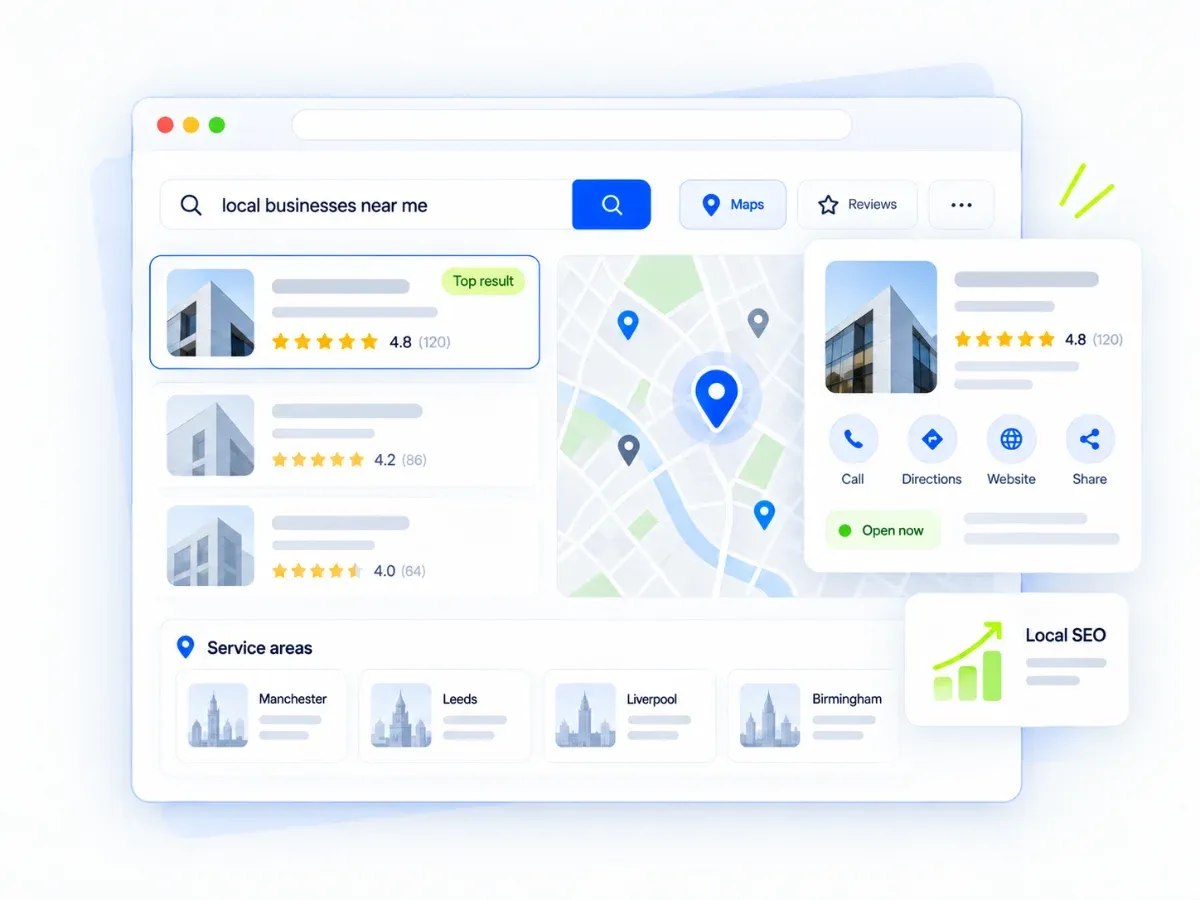 Local search results with map pins, a business profile rated 4.8 and service areas in Manchester, Leeds, Liverpool and Birmingham