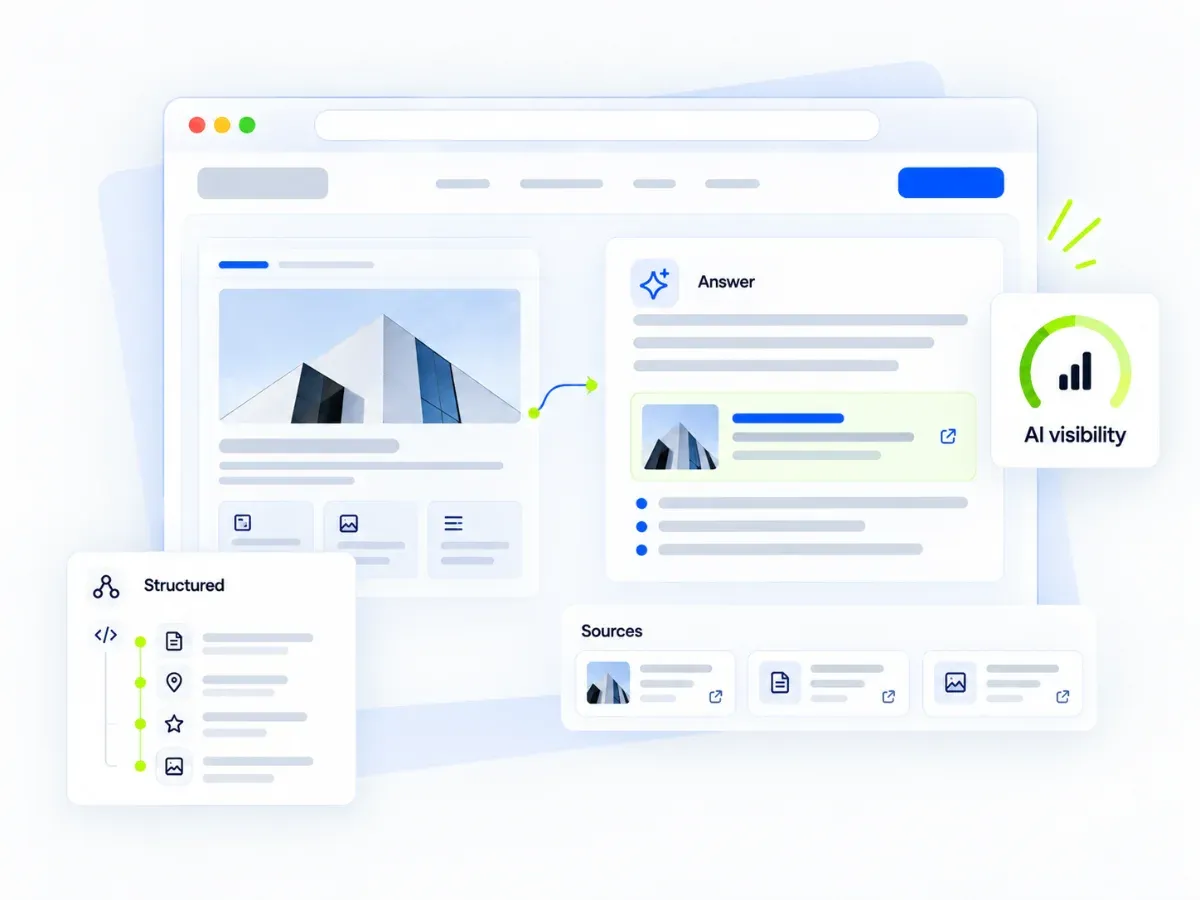 AI answer citing a business website as a source, with structured data feeding an AI visibility score