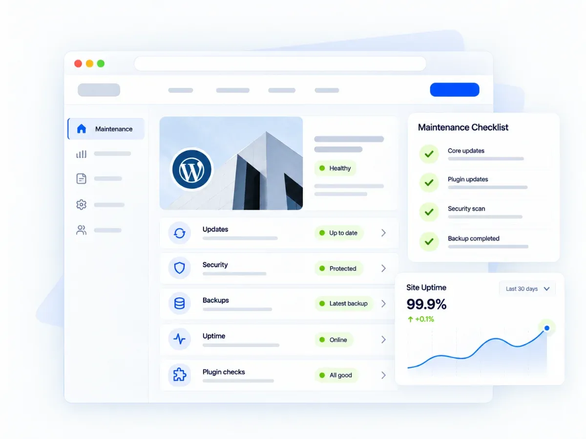 WordPress maintenance dashboard with core and plugin updates, a security scan, backups and 99.9% uptime