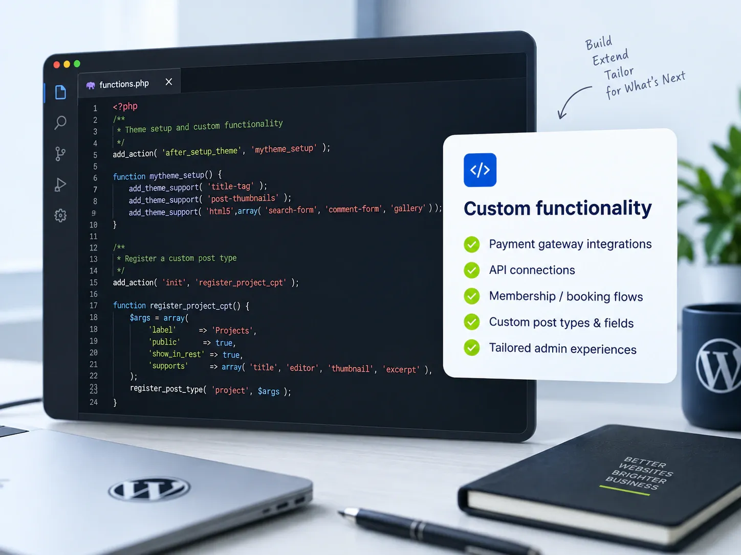 Code editor showing custom WordPress functionality
