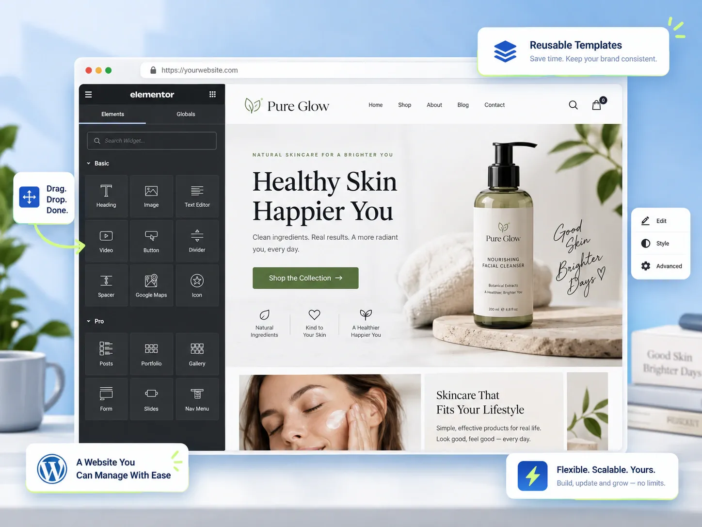 Example Elementor website for a skincare brand