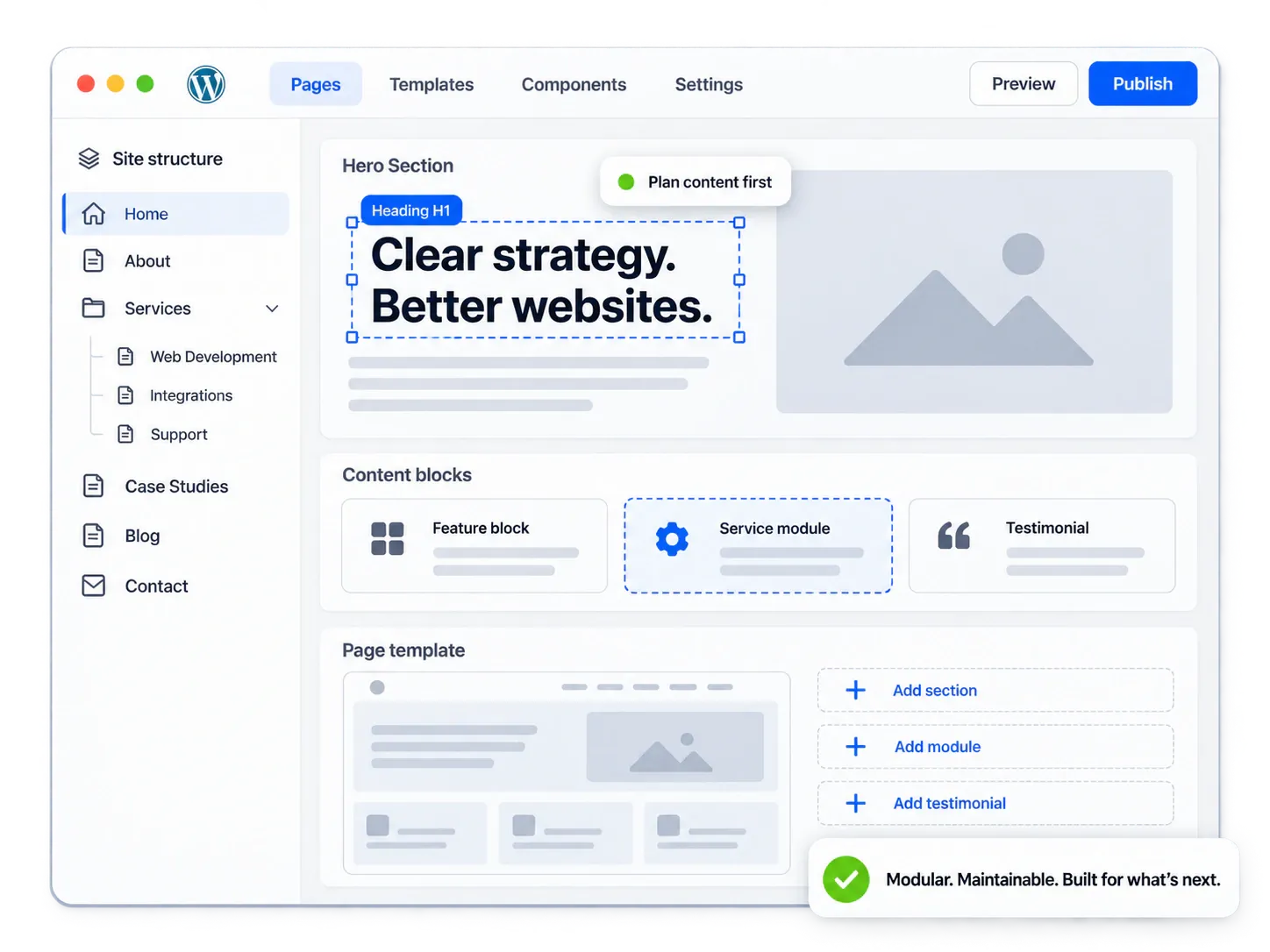 WordPress site builder showing the page editor interface